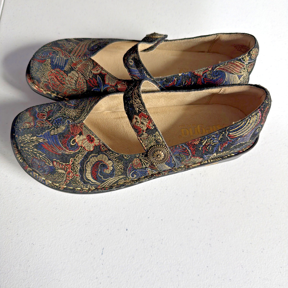 Alegria Mary Jane Shoes 8.5 EU 39 Black Embossed Leather Tweed Academia Everyday - Picture 3 of 10